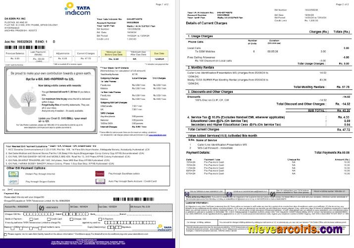 India Tata Indicom mobile business utility bill, 2 pages
